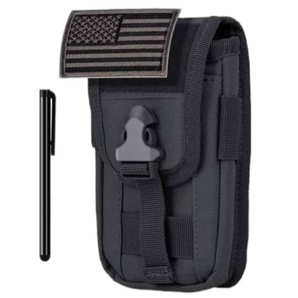 Tactical Cell Phone Holster Pouch with Armor Case on + US Flag Patch and Stylus